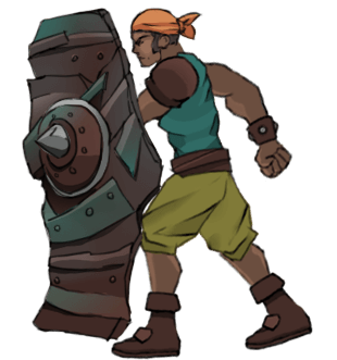 A bandit opponent with a shield in the 2D platformer 'Pentaquin: Deeds Of Twilight'