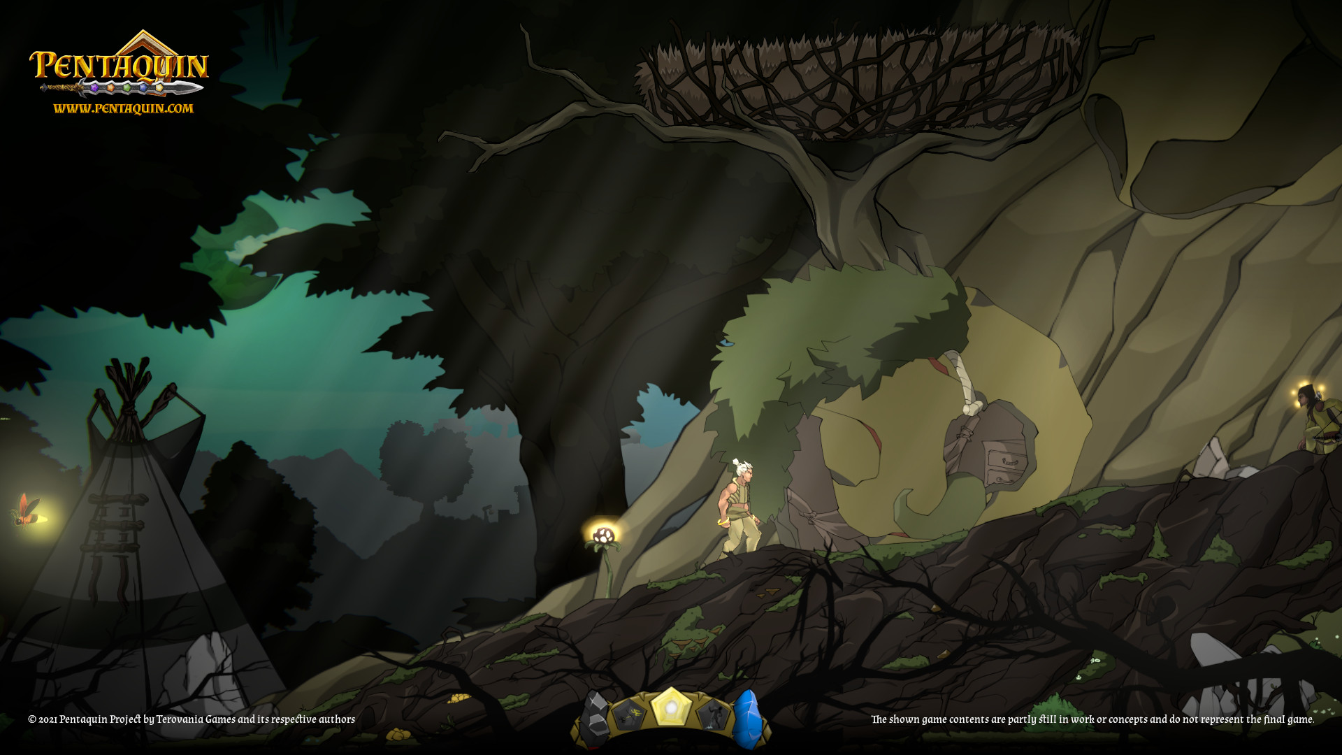 Der Spieler in einem Wald-Level des 2D-Platformer 'Pentaquin: Deeds Of Twilight'